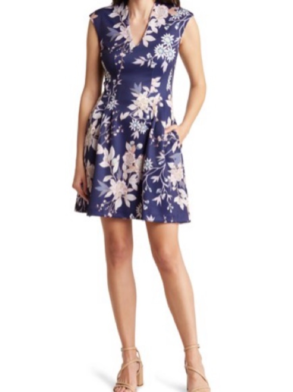 Vince Camuto Navy Floral V-Neck Sleeveless Fit-and-Flare Dress